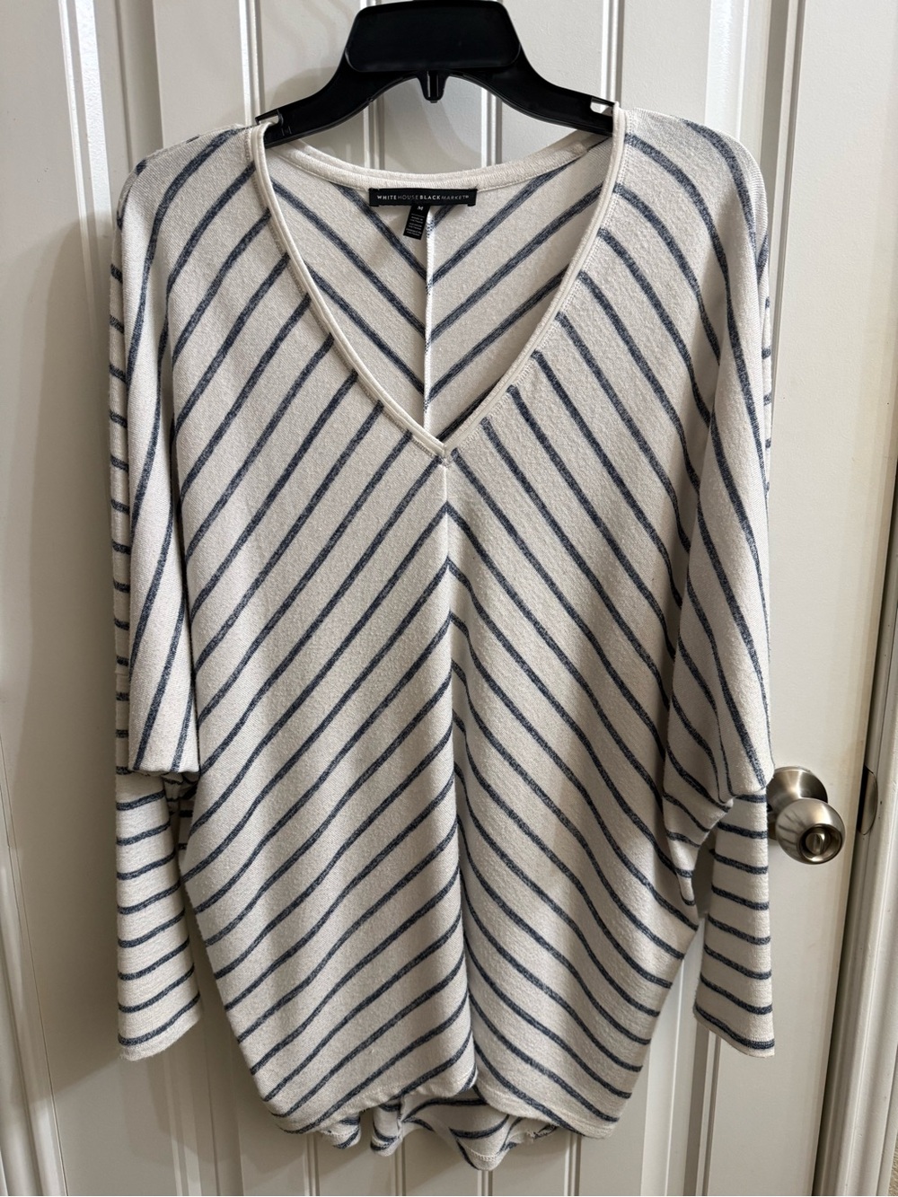 White House Black Market Cream & Navy Diagonal Stripe V-Neck Sweater